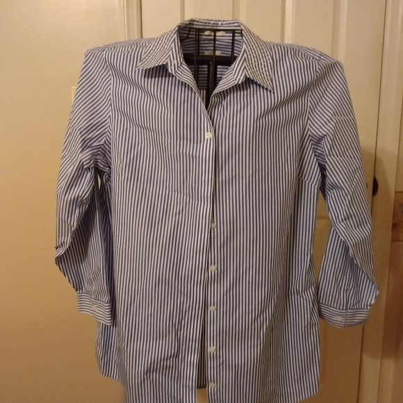 Chino's no iron shirt. Size 3. Blue and white striped. Rhinestone collar. - Picture 2 of 5